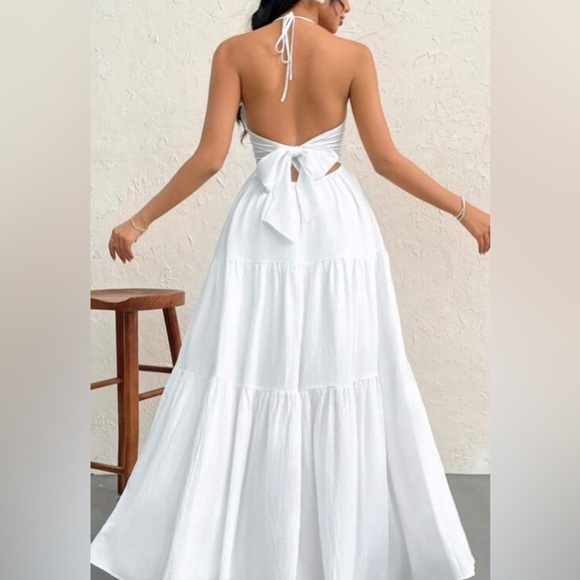 Halter v neck textured tiered maxi dress tie back minimalist boho white - Picture 2 of 4